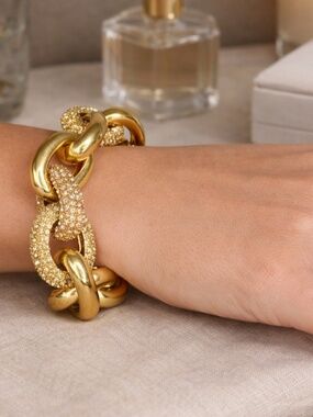 Ann Taylor Chunky Gold Chain Bracelet Pavé Link Statement Bold Luxe